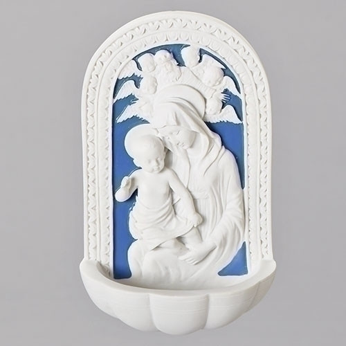 6" Della Robbia Style Madonna and Child Holy Water Font. Dimensions 6"H X 3.625"W X 1.75"D.  Gift boxed. Resin/Stone mix.