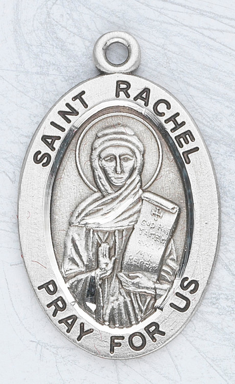 Patron Saint of Childless Wives & Childbirth ~ 7/8" oval St. Raphael sterling silver medal with an 20" genuine rhodium plated chain. Comes in a deluxe velour gift box. Engraving option available.