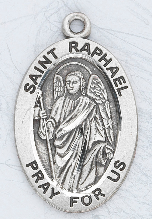 Patron Saint of Doctors, Nightmares, Mental Illness, Young People, Travelers ~ 7/8" sterling silver oval medal with a 20" genuine rhodium plated chain. 
Dimensions: 0.9" x 0.6" (22mm x 14mm)
Weight of medal: 1.9 Grams.
Comes in a deluxe velour gift box. Engraving option available.

