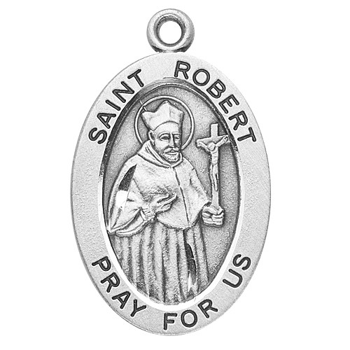  7/8" oval sterling silver medal with a 20" genuine rhodium plated chain. Comes in a deluxe velour gift box. Engraving option available. Patron Saint of Catechists & Catechumens, Canon Lawyers