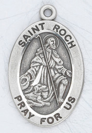 7/8" oval sterling silver medal with a 20" genuine rhodium plated chain. Comes in a deluxe velour gift box. Engraving option available. Patron Saint of Knee Problems, Skin Diseases, Bachelors, Dogs, Falsely Accused People, Invalids, Surgeons,