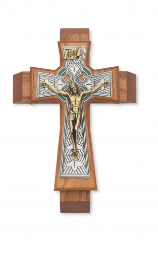 This silver, gold, and green Celtic-style crucifix on a 12" walnut stained wooden cross forms the lid for a box. Small vial for holy water and two candles nestled inside. Ideal for a wedding or house gift. Packaged in a deluxe gift box.