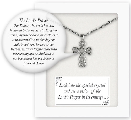 Cross Pendant with Vision of the Lord's Prayer-Look into the crystal center to see a picture of our Lord's Prayer in its entirety!  13" Silver Plated with 1.5" chain extender.  Gift Boxed