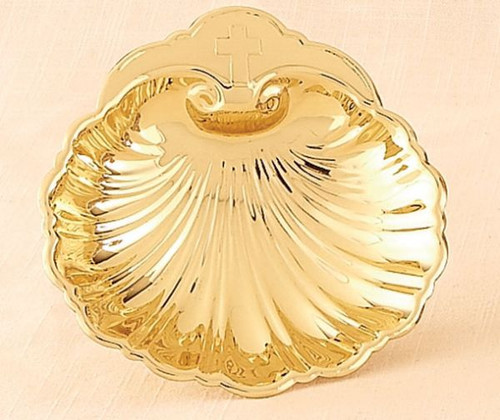 Baptismal shell. Brass/lacquer. Gold plate is 24KT. 5" diameter