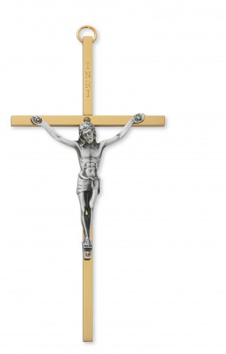 6" Brass engraved "INRI" Cross with silver corpus. Packaged in a deluxe gift box. Ideal Communion, wedding or house warming present!