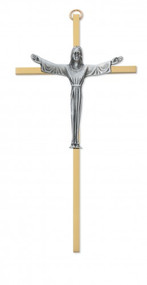  7" Brass cross with silver risen Jesus corpus. Packaged in a deluxe gift box

