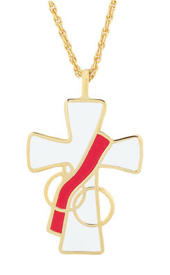 Deacon's Wife Cross. 1 1/2" inch long, 24" chain. Gold plated, white enamel color