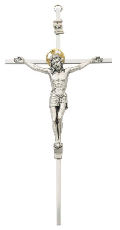 8" or 10" Aluminum Crucifix with Gold Halo.  Packaged in a deluxe gift box