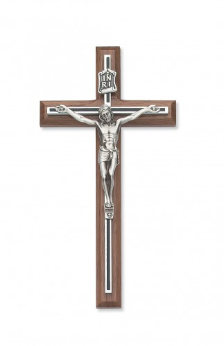 8" Walnut crucifix with black overlay.  Packaged in a deluxe gift box. 