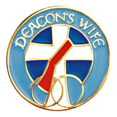 Deacon's Wife 1" Lapel Pin.  Gold plated with enameled color. Deacon's Wife written across the top of pin, wedding rings on bottom of pin. Gift boxed