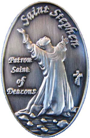 The "Patron Saint of Deacons" is featured on this detailed 1" pin.  Antique silver plated