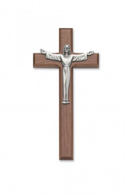 7" Walnut Cross with Silver Risen Jesus Corpus. Packaged in a deluxe gift box. Ideal wedding or house warming present
