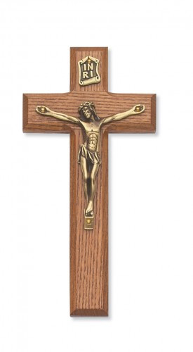 7" Walnut Stained Cross with Gold Corpus. Packaged in a deluxe gift box
