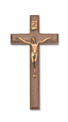 8"Beveled Walnut Cross with Gold Corpus. Packaged in a deluxe gift box. Ideal wedding or house warming present