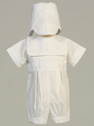 Zachary ~ Cotton Romper Baptism Set w/ Hat.  White Embroidered Cross on Front Poly Sizes: 0-3m, 3-6m, 6-12m, 12-18m. Made In USA