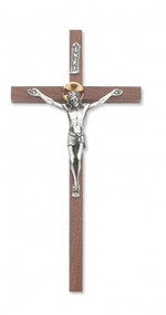 8" Walnut Cross with Silver Corpus and Gold Halo. Packaged in a deluxe gift box. Ideal wedding or house warming present