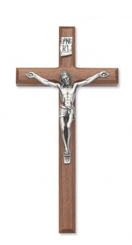 Beveled Walnut Cross with Silver Corpus. Available in 8", 10", or 12" heights. Packaged in a deluxe gift box. Ideal wedding or house warming present