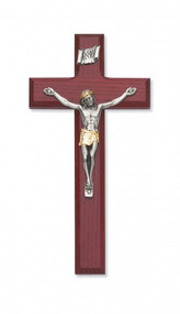 8" Cherry Stained Cross with Two-Toned Corpus. Packaged in a deluxe gift box. Ideal wedding or house warming present