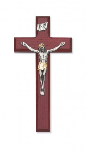 8" Cherry Stained Cross with Two-Toned Corpus. Packaged in a deluxe gift box. Ideal wedding or house warming present