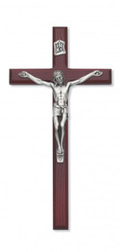 10" Beveled Cherry Stained Cross with Silver Corpus. Packaged in a deluxe gift box. Ideal wedding or house warming present