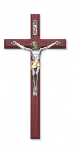 10" Beveled Cherry Stained Cross with Two-Toned Corpus. Packaged in a deluxe gift box. Ideal wedding or house warming present
