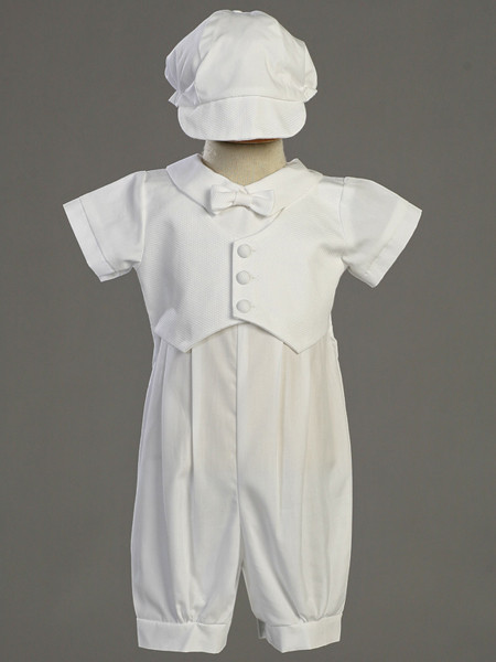 Tyler ~ Cotton Romper with Pique Vest and Hat. Sizes : 0-3m, 3-6m, 6-12m, 12-18m, 18-24m. Made In USA