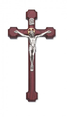 Cherry Stained Cross, Silver Corpus with Gold Halo
Available in 8" or 10" height
Packaged in a deluxe gift box
Ideal wedding or house warming present