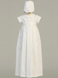 Mason heirloom christening outfit ~ Cotton weaved romper with detachable gown.  Sizes : 0-3m, 3-6m, 6-12m, 12-18months. Made in USA. "Mason"  can be worn as a romper or a gown. This is the picture of the removable skirt  attached to the suit which converts the suit into a gown.
