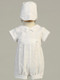 Mason ~ Cotton weaved romper with detachable gown. This heirloom christening outfit can be worn as a romper or a gown.  This is the image of the romper under the gown.  Sizes : 0-3m, 3-6m, 6-12m, 12-18months. Made in USA