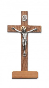 80-59 8" Walnut Stained ~ 8" Standing Crucifix with Silver Corpus and Gold Halo.