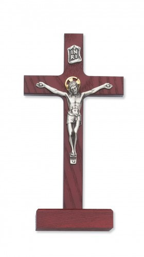 80-58 8" Cherry Stained ~ 8" Standing Crucifix with Silver Corpus and Gold Halo.
