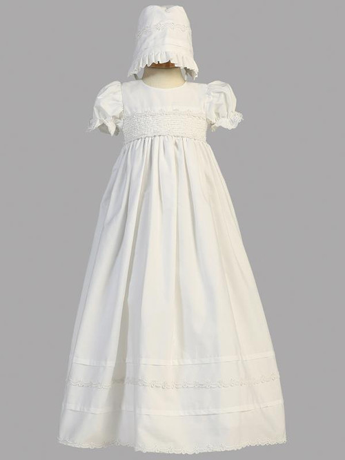 Marie ~ Smocked Bodice Cotton Gown with Bonnet.  Sizes : 0-3m (7-12lb), 3-6m (12.5-16lbs) , 6-12m (16.5-20lbs), 12-18m 24.5-27lbs). Made In USA.