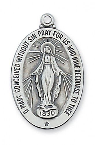 Sterling Silver Miraculous Medal comes on a 20" Rhodium Plated Chain. Dimensions: 1 " x 5/8".  Deluxe Gift Box Included
