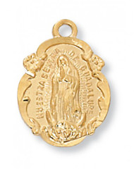 Gold Over Sterling Silver 3/4" Guadalupe Medal. 18" Gold Plated Chain.  Deluxe Gift Box Included