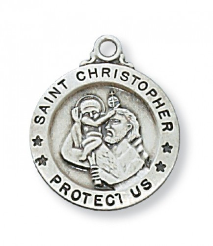 Sterling Silver Small Saint Christopher 3/4" Round Medal comes on an 18" chain. Deluxe Gift Box Included. Made in the USA