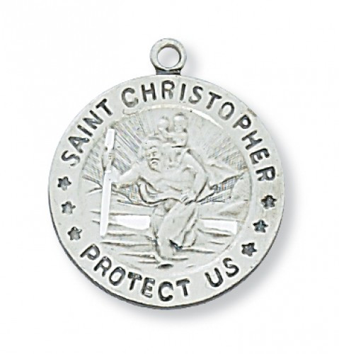 3/4"  Sterling Silver Saint Christopher Medal. St Christopher Medal comes on an 18" rhodium plated chain.  A deluxe gift box is included. Made in the USA