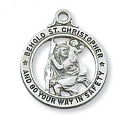 1" Sterling Silver Saint Christopher Round Open Medal. Cut Out medal comes on a 20" Rhodium Plated Chain. St Christopher Medal comes in a Deluxe Gift Box Included. Made in the USA