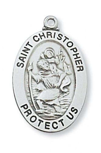Sterling Silver Saint Christopher 1 1/16" Oval Medal.  St Christopher medal comes on a 20" Rhodium Plated Chain.  Deluxe Gift Box Included. Made in the USA

