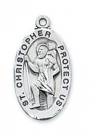 Sterling Silver Saint Christopher 1 1/8"  Oval Medal. Patron Saint Of Travelers. St Christopher oval medal comes on a 24" Rhodium Plated Chain. A Deluxe Gift Box Included. Made in the USA

