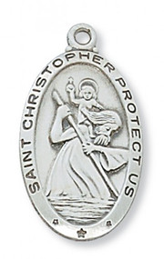 1 2/16" Oval Sterling Silver Saint Christopher Medal. Patron Saint Of Travelers. Oval SS St Christopher Medal comes on a 24" Chain. A  Deluxe Gift Box Included. Made in the USA

