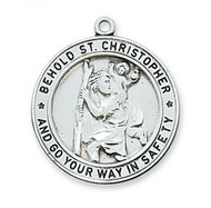 1" Sterling Silver Saint Christopher Round Medal.  Patron Saint Of Travelers. St Christopher round medal comes on a 24" Rhodium Plated Chain. A Deluxe Gift Box Included. Made in the USA

