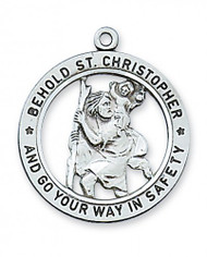 Sterling Silver 1" Saint Christopher Round Cut Out Medal.  Patron Saint Of Travelers. St Christopher Medal comes on a 24" Rhodium Plated Chain.  A Deluxe Gift Box Included. Made in the USA
