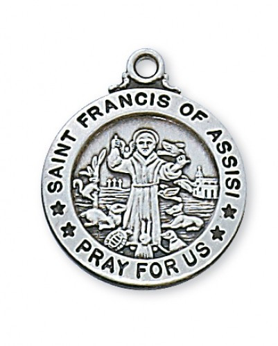 Round Sterling Silver Saint Francis Medal. St Francis Medal is 15/16" in diameter and comes on a 20" rhodium chain. A deluxe gift box is included. Patron Saint of Animals, and the Ecology