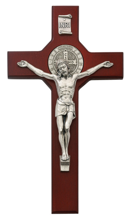 10 1/2" Cherry Stained St. Benedict Crucifix with Silver Corpus. Packaged in a deluxe gift box
