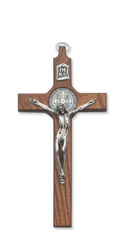 6.5" Walnut Stained St. Benedict Wall Crucifix with Silver Corpus. Packaged in a deluxe gift box