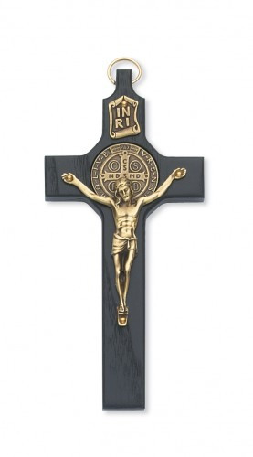 6. 1/4"" Black St. Benedict Wall Crucifix with Gold Corpus. Packaged in a deluxe gift box