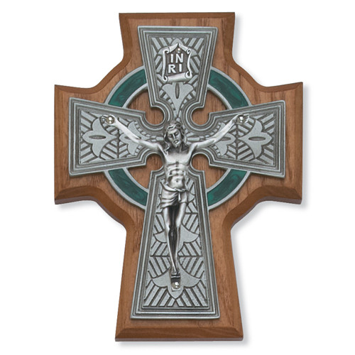 5 1/2" Walnut Stained Celtic Crucifix. Ideal wedding or house warming present.  Packaged in a deluxe gift box