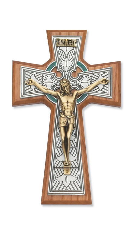 8 1/4" Walnut Stained Celtic Crucifix. Packaged in a deluxe gift box