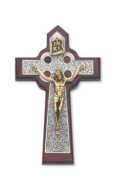 5 3/4" Dark Cherry Stained Celtic Crucifix. Packaged in a deluxe gift box