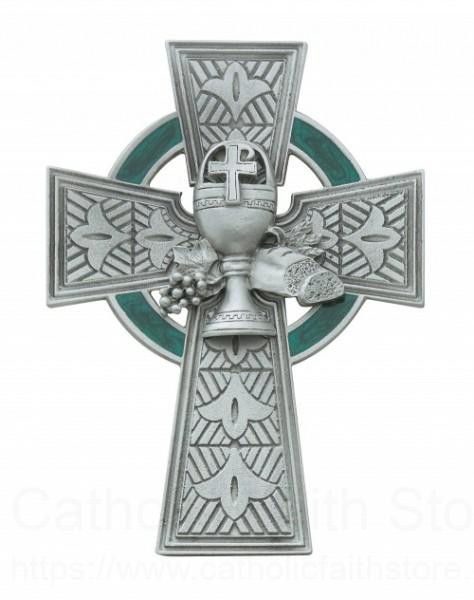 First Holy Communion Celtic Wall Cross. 4 3/4" Pewter Celtic Cross with Green Enamel. Bread and Chalice adorn the center of the wall cross. Packaged in a deluxe gift box